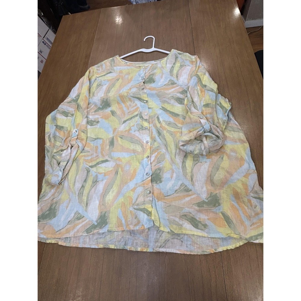 Rachel Zoe Tunic Shirt Womens 3X Multicolor 100% Linen Floral Button Roll Tab